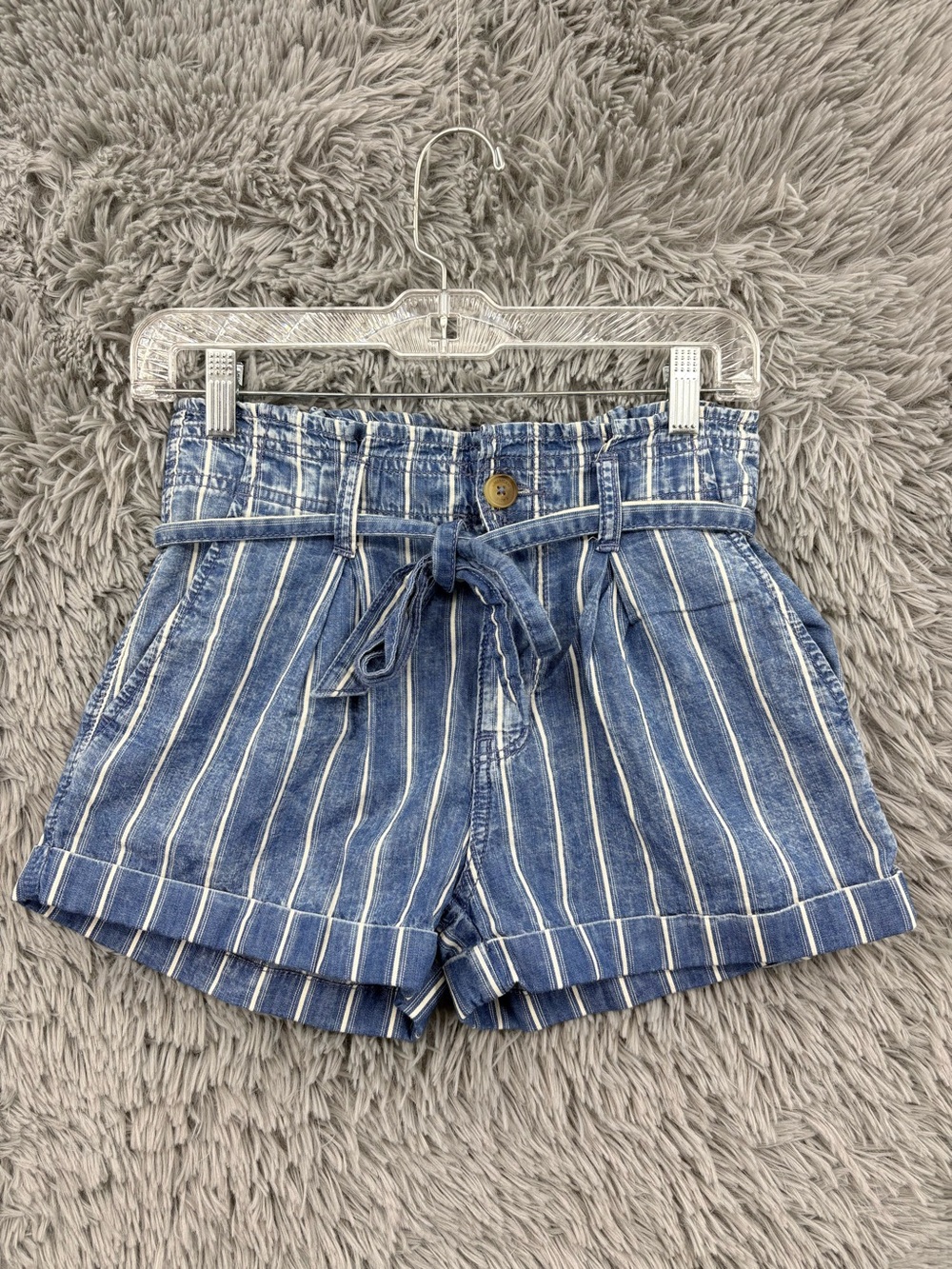 American Eagle Shorts Womens 0 Paperbag Striped High Rise Belted Waist Blue